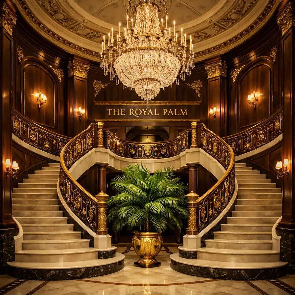 The grand entrance hall of The Royal Palm with a sweeping staircase, gold balustrade, marble floors, and a large crystal chandelier.