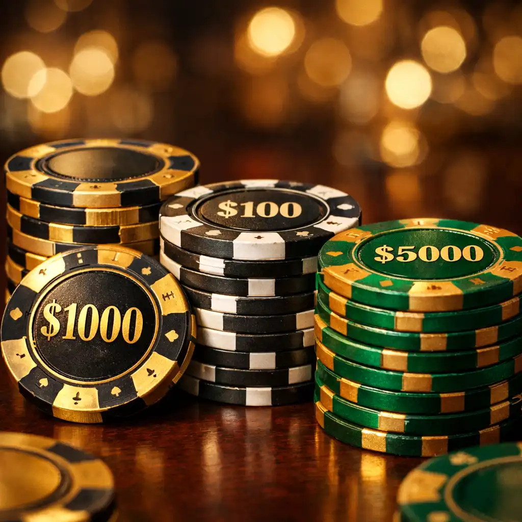 Close-up of high-value casino chips in gold, black, and emerald on a dark mahogany table