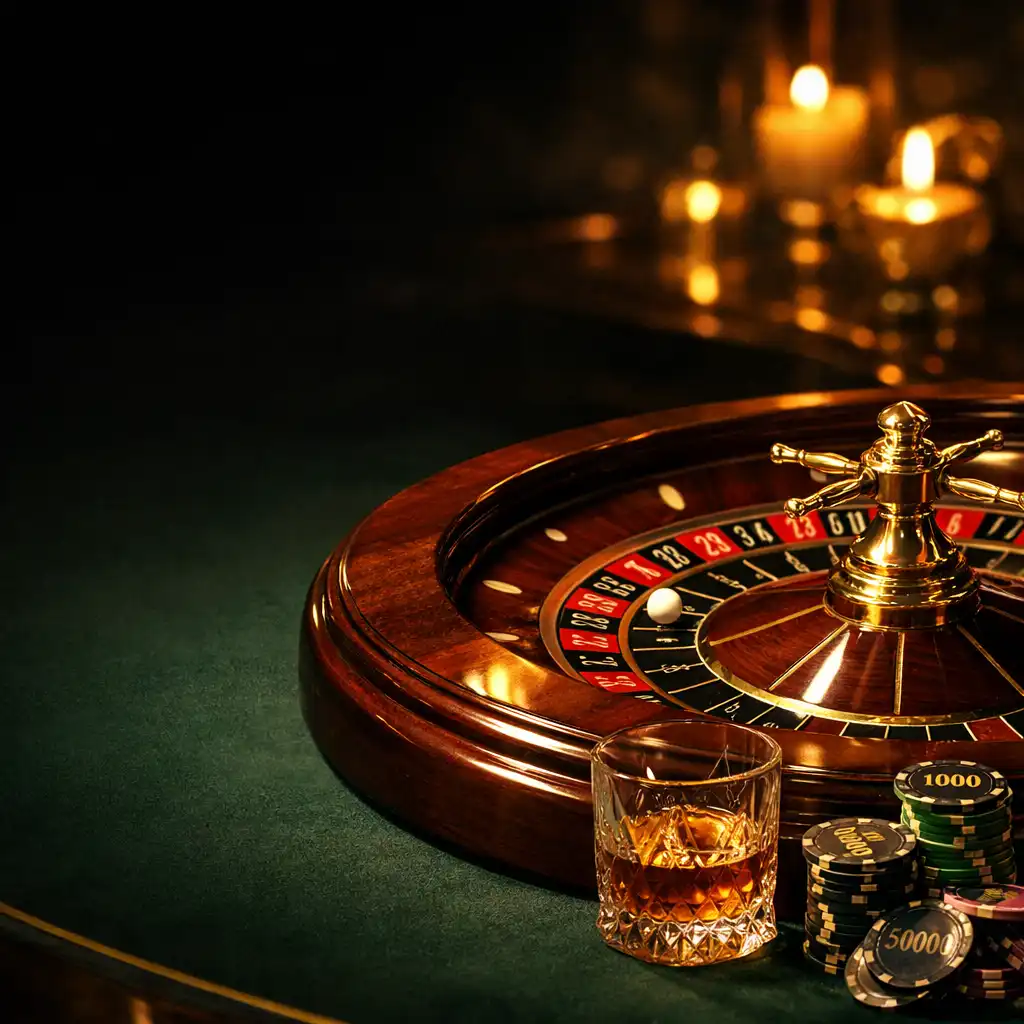 A dimly lit private casino table with a mahogany roulette wheel, gold chips, and a crystal glass of amber whisky