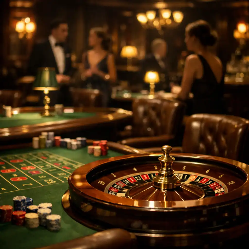 Opulent private casino salon with a roulette table, leather chairs, and warm brass lighting