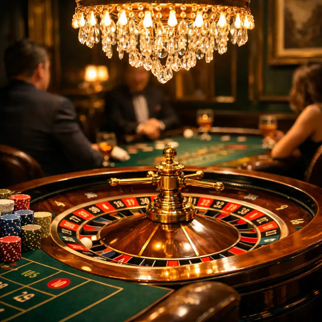 A private casino salon with a European Roulette table in the foreground, gold inlays, and a low-hanging chandelier.