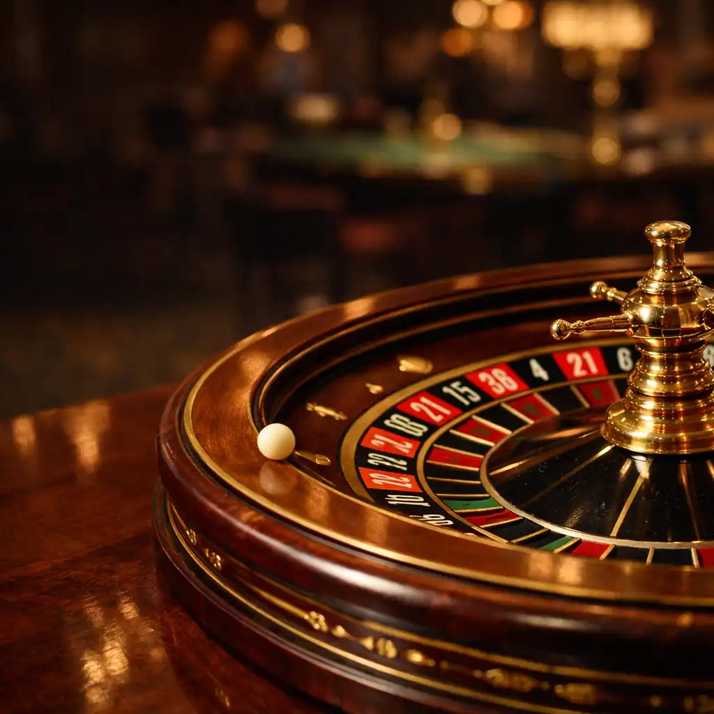 Close-up of a European Roulette wheel on a polished mahogany table with gold inlays