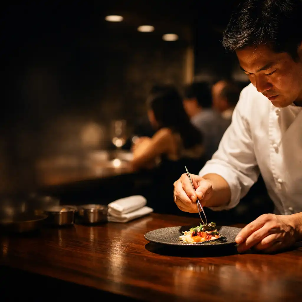 Chef plating a delicate dish at the chef's counter under warm spotlights