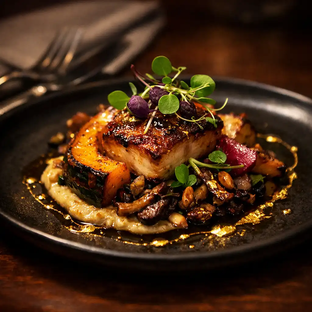 An exquisitely plated seasonal dish on a dark ceramic plate with microgreens and gold-infused sauce, set on a mahogany table.