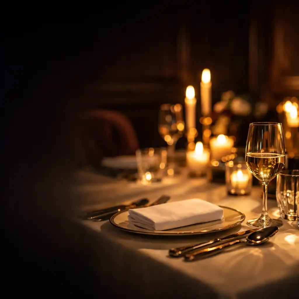 Candlelit fine dining table set with crystal glassware and polished silver at The Royal Palm