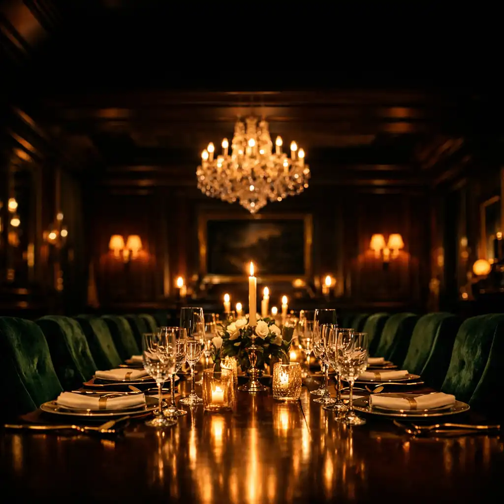 Opulent private dining room at The Royal Palm with candlelit mahogany table and emerald velvet chairs