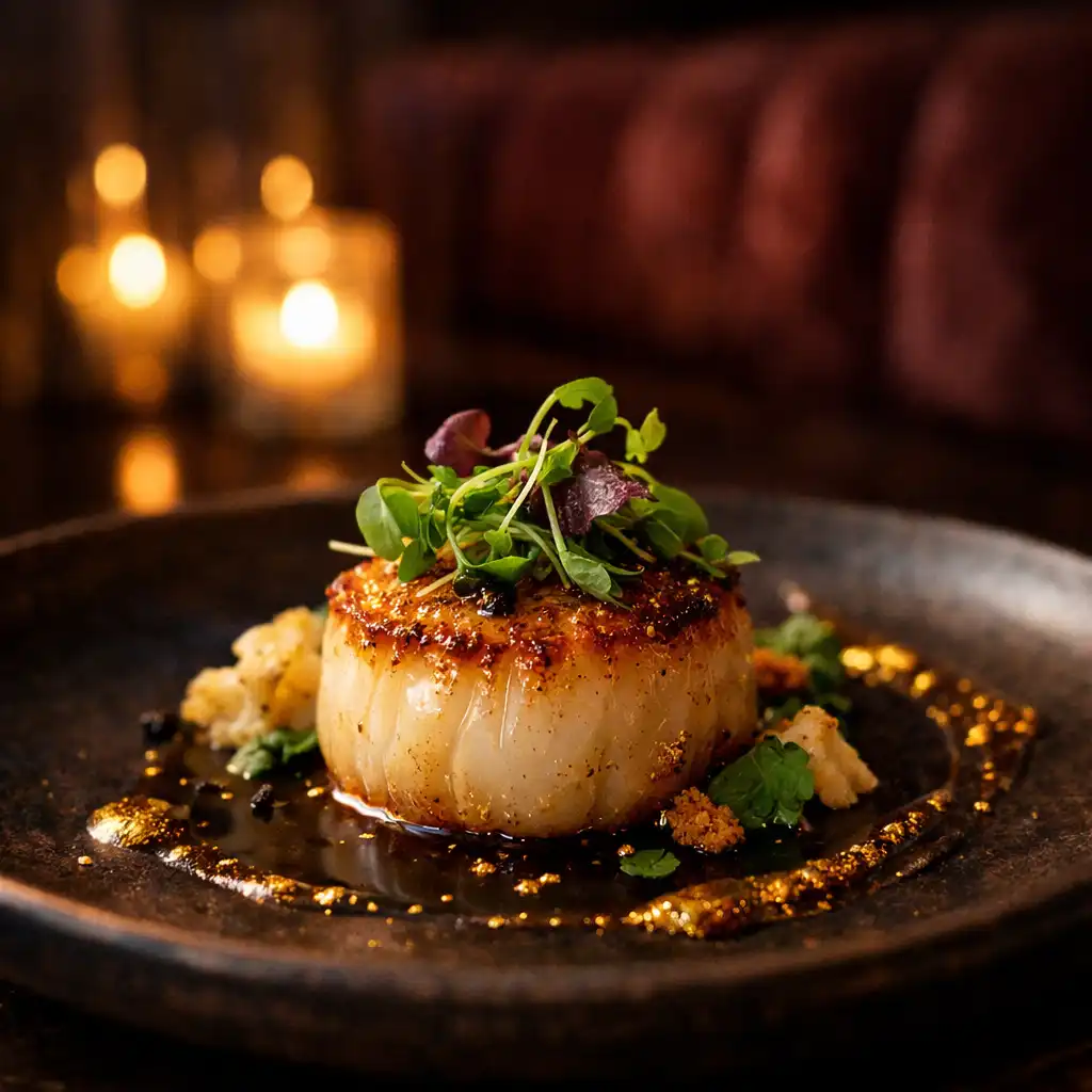 A beautifully plated seared scallop dish with gold-flecked sauce in the candlelit dining room
