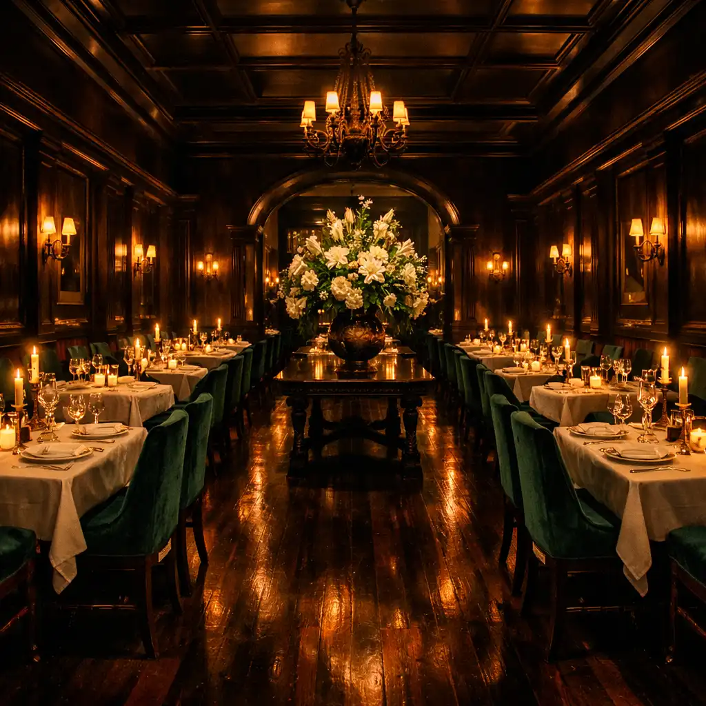 The main dining room at The Royal Palm, with rows of tables set for dinner, wall sconces, and emerald velvet chairs.