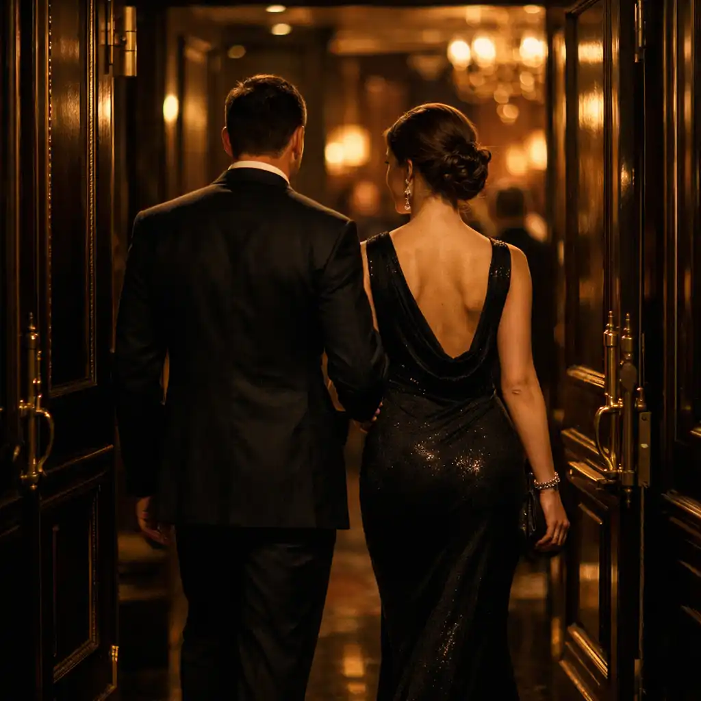 A well-dressed couple entering The Royal Palm through a grand doorway with gold accents