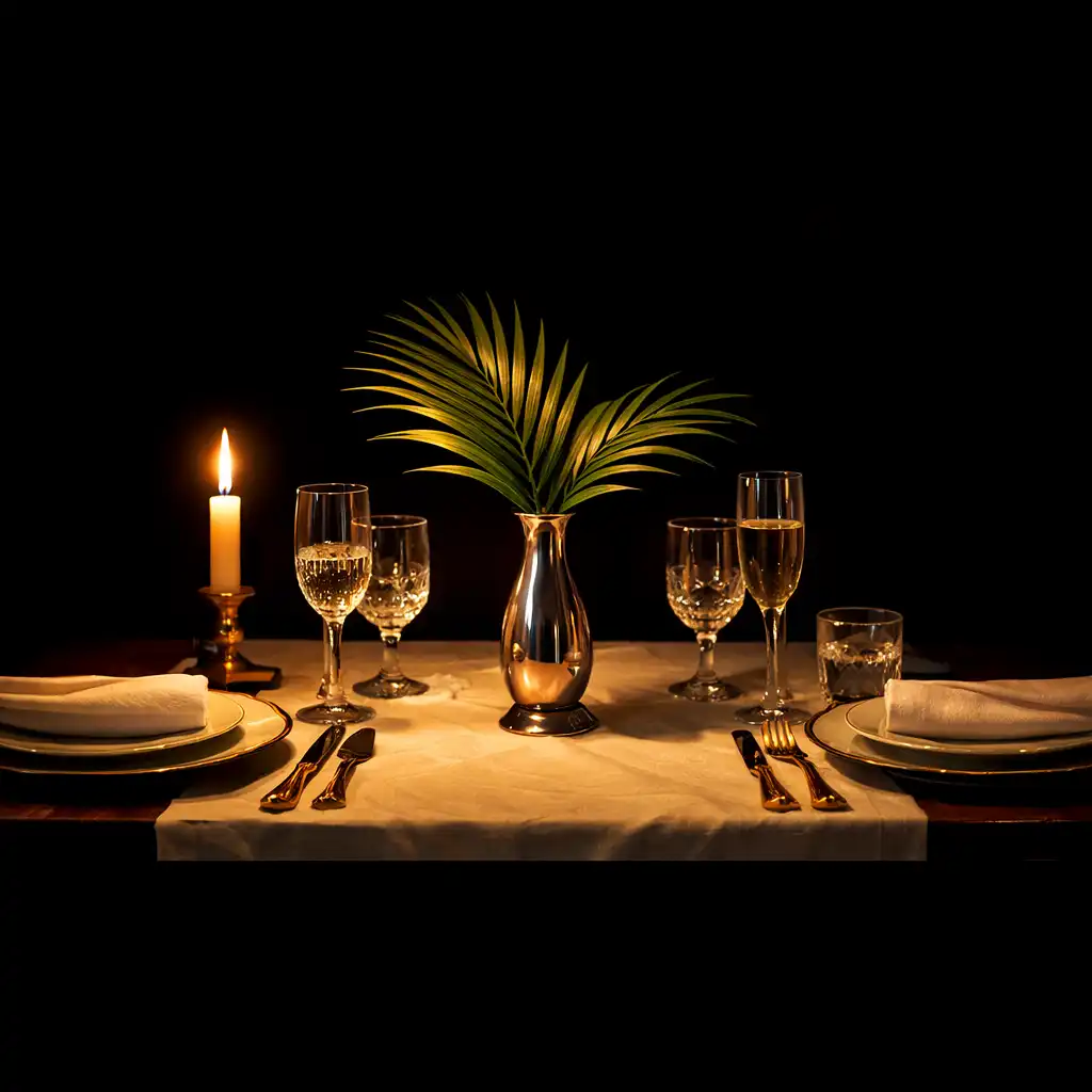 A candlelit table for two with a single palm frond in a silver vase as the centrepiece, set with fine china, crystal glasses, and gold cutlery.