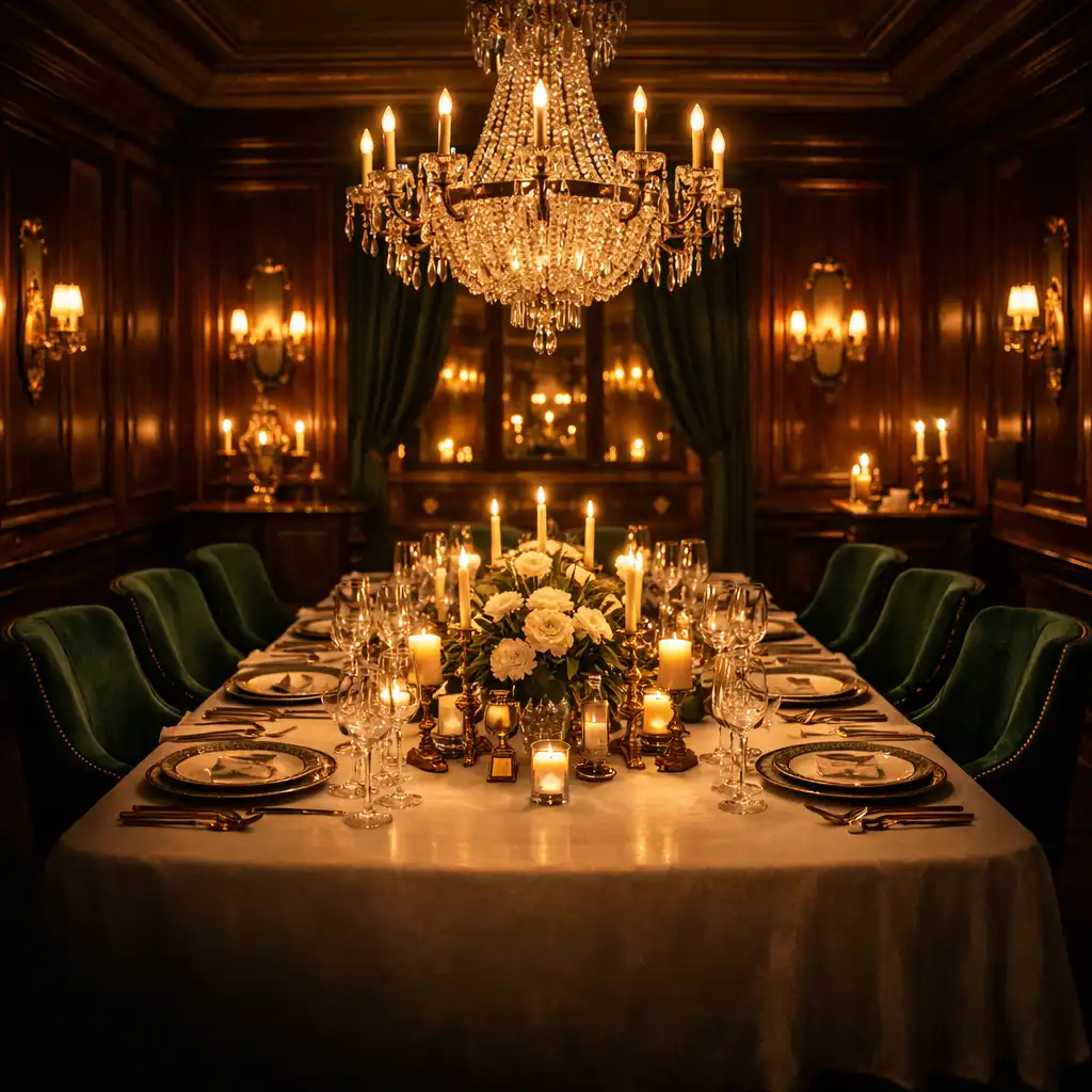 A private dining salon at The Royal Palm bathed in warm candlelight, with polished mahogany, emerald velvet chairs, and a crystal chandelier.