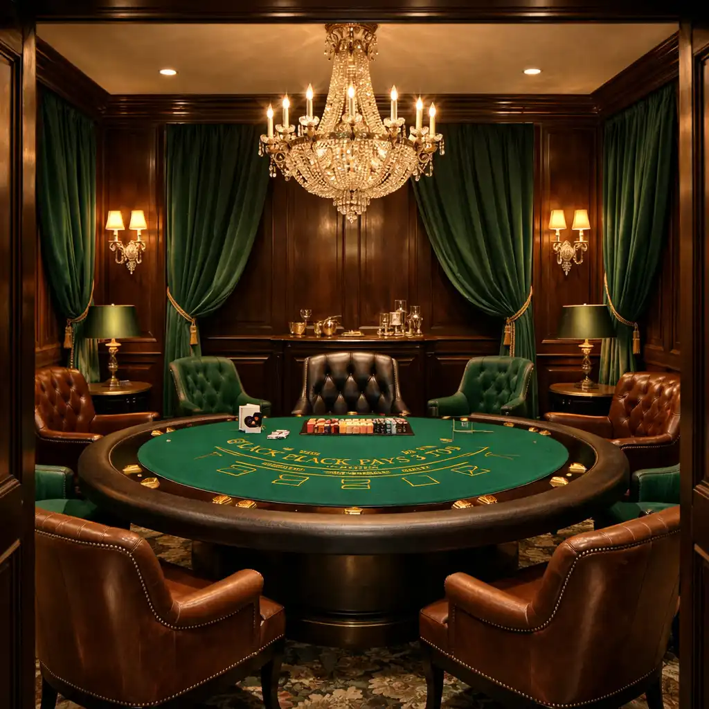 An opulent private casino salon with emerald velvet drapes, dark wood panelling, and a single blackjack table